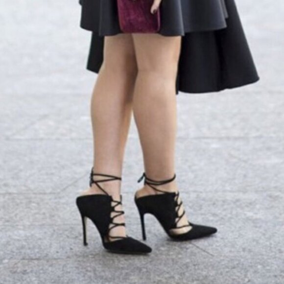 TopShop Black Strappy Faux Suede Lace up Heels 38/7.5 US - Picture 1 of 15